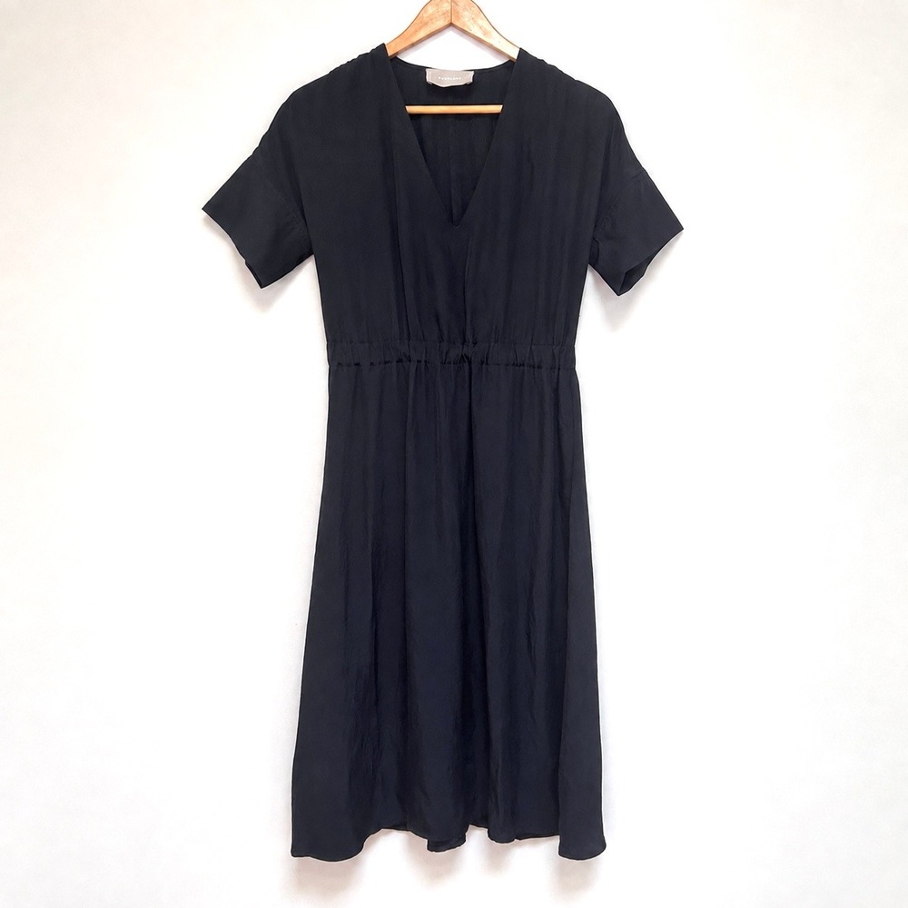 Everlane Black V Neck Midi Dress Womens 2 Short Sleeve Elastic Waist